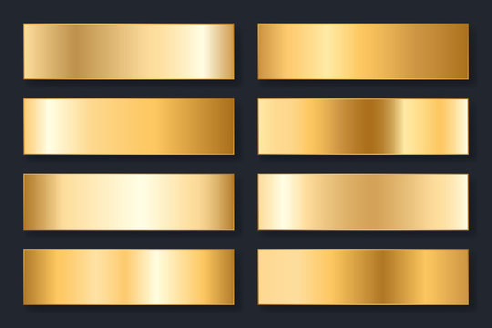 Collection of backgrounds with a metallic gradient. Brilliant plates with gold effect. Vector illustration