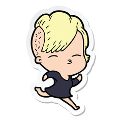Obraz premium sticker of a cartoon squinting girl running