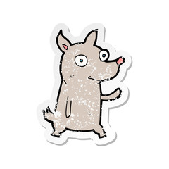 retro distressed sticker of a cartoon little dog waving