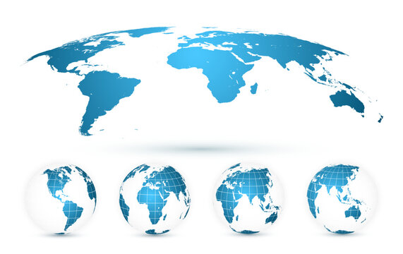 World Map Isolated on White Background in Bright Blue Color. Earth globe. World map set. Vector Illustration
