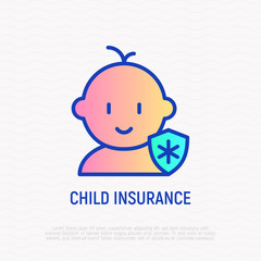 Child insurance thin line icon: baby with medical shield. Modern vector illustration.