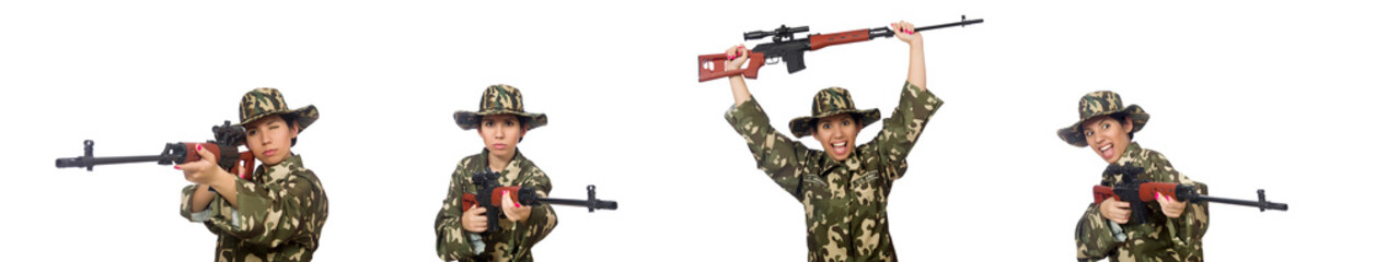 Woman with sniper weapong isolated on white