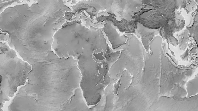 South Sudan area presented against the global grayscale map in the Kavrayskiy VII projection with animated oblique transformation