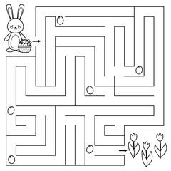 Spring maze game for preschool kids. Coloring page. Help the bunny find all Easter eggs. Vector illustration.
