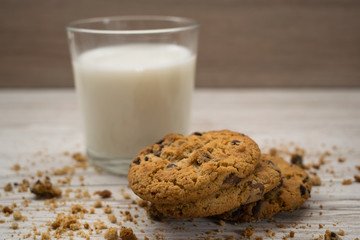chocolate chip cookies and a glass of milk on a wooden table