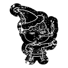 cartoon distressed icon of a man smoking wearing santa hat