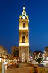 Fototapeta na wymiar Tel Aviv Jaffa Israel Clock Tower Uhrturm Turm blaue Stunde Nacht nachts Stadt Hochformat