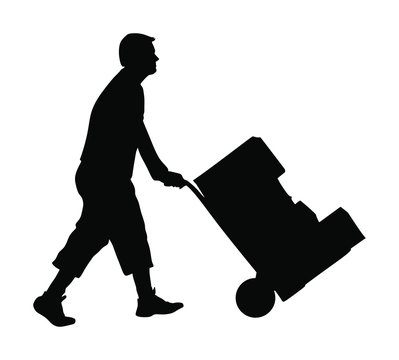 recommend clip art: Delivery man carrying boxes of goods vector silhouette. Post man with package. Distribution storehouse. Boy holding heavy load moving service. Handy man move action. Hand transportation method by cart