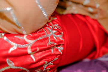 Detail shot of Pakistani bridal red dress embroidery