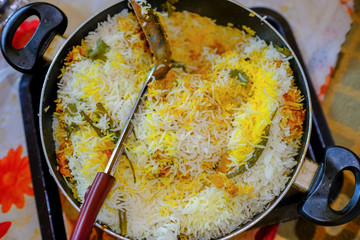 Close up of Bombay Spicy Biryani in a pot