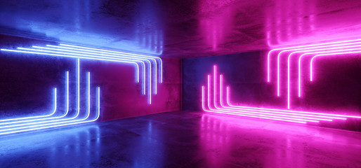 Sci Fi Blue Pink Purple Neon Futuristic Cyberpunk Glowing Retro Modern Vibrant Lights Laser Show Empty Stage Room Hall Reflective Concrete Grunge  Club Background 3D Rendering