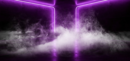 Smoke Sci Fi Blue Ultraviolet Purple Pink Futuristic Cyberpunk Glowing Retro Modern Vibrant Lights Laser Show Empty Stage Room Hall Reflective Concrete Grunge  Club Background 3D Rendering