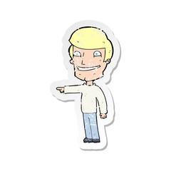 retro distressed sticker of a cartoon happy man pointing