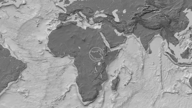 South Sudan area presented against the global bilevel map in the Patterson Cylindrical projection with animated oblique transformation