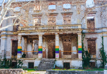 Destroyed building at the former front line of the war on Mostar. Mostar, Bosnia-Herzegovina