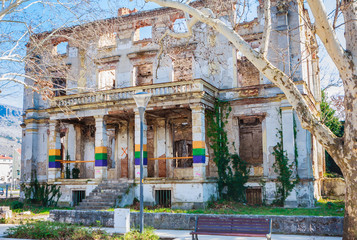 Destroyed building at the former front line of the war on Mostar. Mostar, Bosnia-Herzegovina