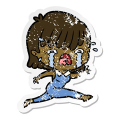 distressed sticker of a cartoon girl crying