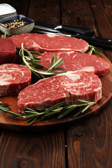 Steak raw. Barbecue Rib Eye Steak, dry Aged Wagyu Entrecote Steak.