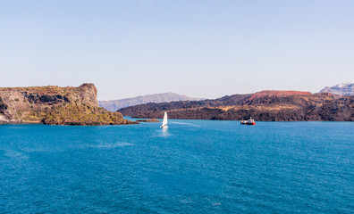 catamaran enters the bay of Thira (Santorini)