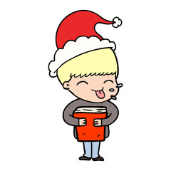 line drawing of a boy wearing santa hat