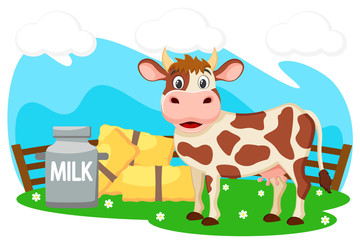 Cow stands on a green lawn near the sheaves of hay and a can of milk. Farm
