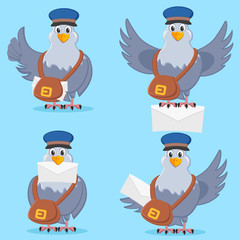 Set of carrier pigeon with bag and letter in different poses.