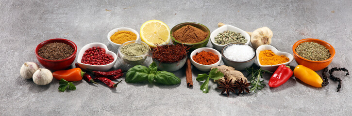 Spices and herbs on table. Food and cuisine ingredients.