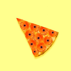Slice of pepperoni pizza with gerberas instead of sausage