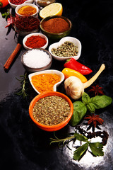 Spices and herbs on table. Food and cuisine ingredients.