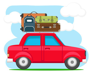 Travel by car with suitcases on the roof.