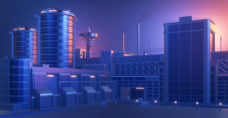 Industrial factory plant panorama, abstract stylized construction, 3d render