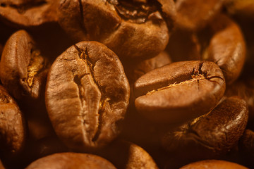 Coffee flavored roasted grain close-up, brown color.