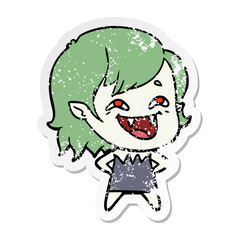 distressed sticker of a cartoon laughing vampire girl