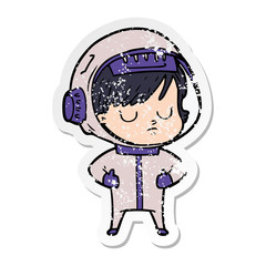 distressed sticker of a cartoon astronaut woman