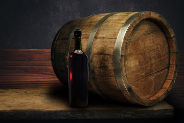 Red wine bottle on a old oak wooden table background barrel.