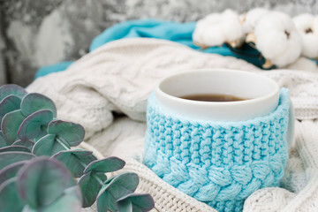 White cup with tea, coffee, in a knitted holder. Around knitted plaid, eucalyptus and cotton branches. Flatlay, there is a place for text.
