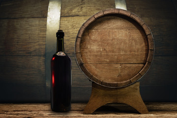 Wooden barrel and worn old table of wood.