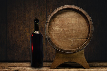 Wooden barrel and worn old table of wood.