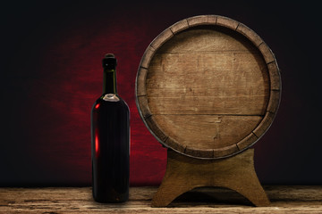 Wooden barrel and worn old table of wood.