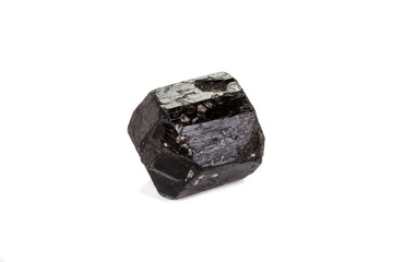 macro mineral stone schorl, black tourmaline on white background