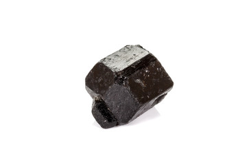 macro mineral stone schorl, black tourmaline on white background