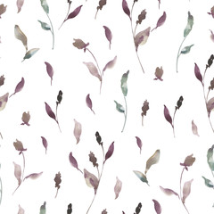 Shabby Vintage Watercolor Floral Seamless Pattern, Twigs, Leaves, Buds