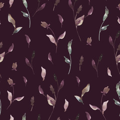 Shabby Vintage Watercolor Floral Seamless Pattern, Twigs, Leaves, Buds