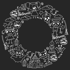 Halloween themed doodle set. Traditional and popular symbols - carved pumpkin, party costumes, witches, ghosts, monsters, vampires, skeletons, skulls, candles bats Isolated over white background.