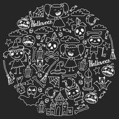 Halloween themed doodle set. Traditional and popular symbols - carved pumpkin, party costumes, witches, ghosts, monsters, vampires, skeletons, skulls, candles bats Isolated over white background.