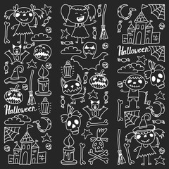 Halloween themed doodle set. Traditional and popular symbols - carved pumpkin, party costumes, witches, ghosts, monsters, vampires, skeletons, skulls, candles bats Isolated over white background.