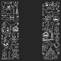 Halloween themed doodle set. Traditional and popular symbols - carved pumpkin, party costumes, witches, ghosts, monsters, vampires, skeletons, skulls, candles bats Isolated over white background.