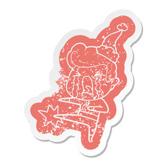 cartoon distressed sticker of a crying man wearing santa hat