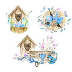 Set of decorative hand drawn Easter doodle elements for design. kit with watercolor texture