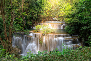 Huai Mae Khamin Waterfall tier 4 with sun ray, Khuean Srinagarindra National Park, Kanchanaburi, Thailand